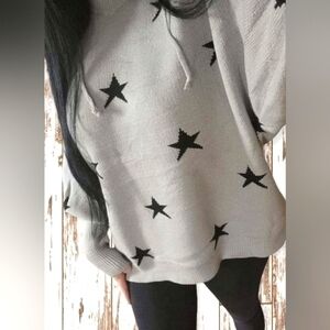Women's Thick Knit Hooded Star Sweater with Puff Sleeve